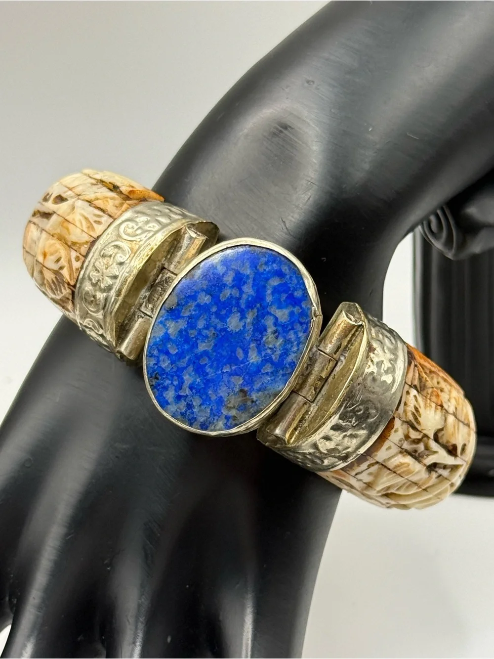 Vintage Tribal Lapis Lazuli Carved Bone Hinged Cuff Bangle Statement Bracelet